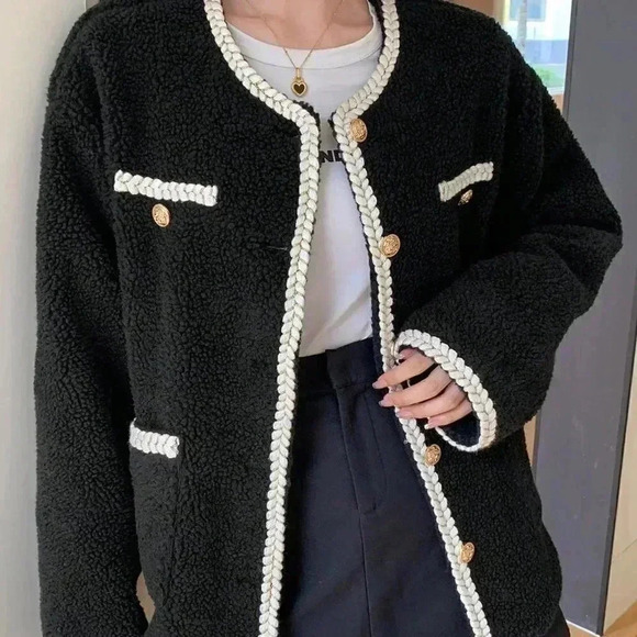 Black Preppy Womens Contrast Trim Drop Shoulder Teddy Jacket - Picture 4 of 6